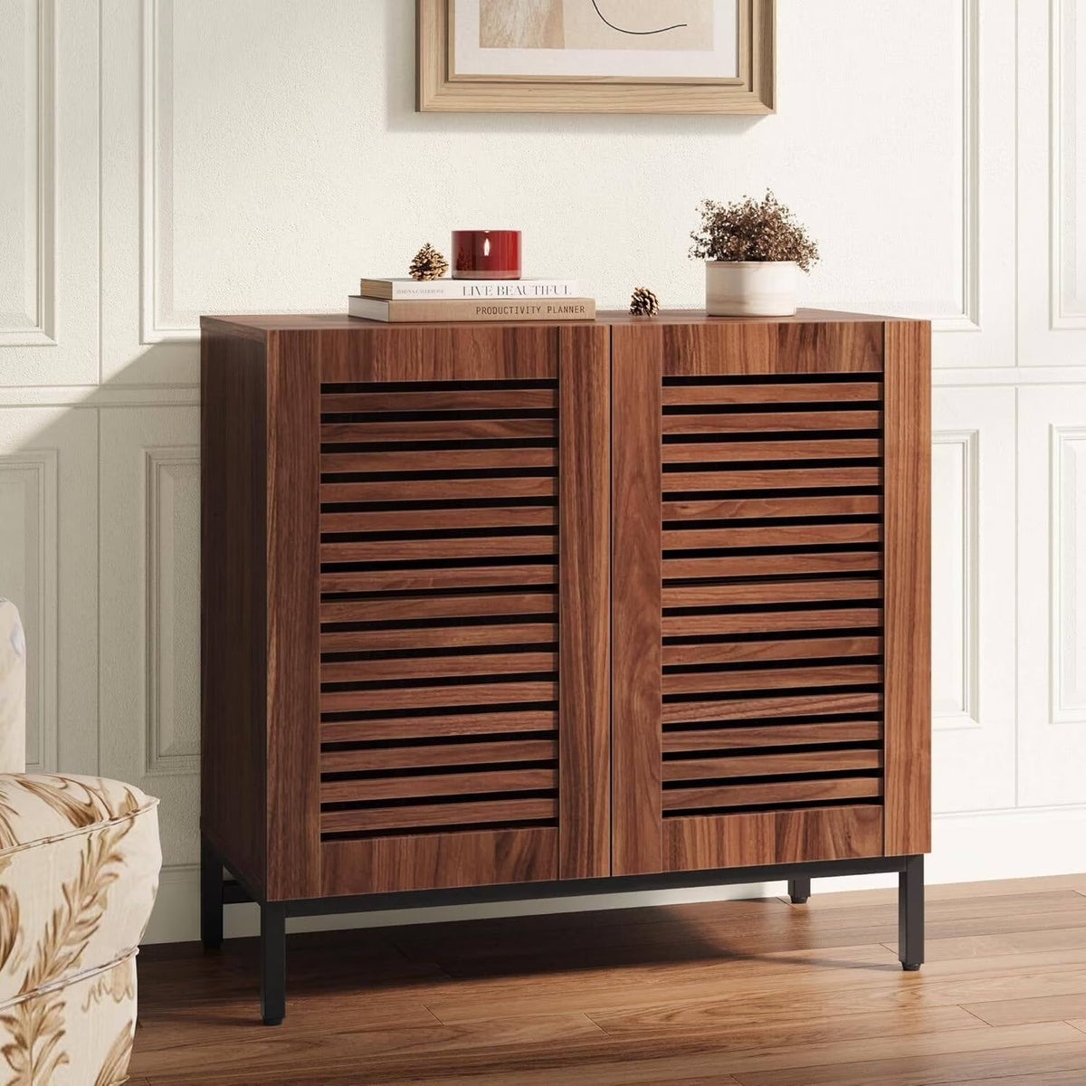 JOMEED Buffet Sideboard Cabinet with Louvered Doors & Adjustable Shelf, Wood Storage Cabinet for Kitchen, Dining Room, Living Room, Entryway Walnut