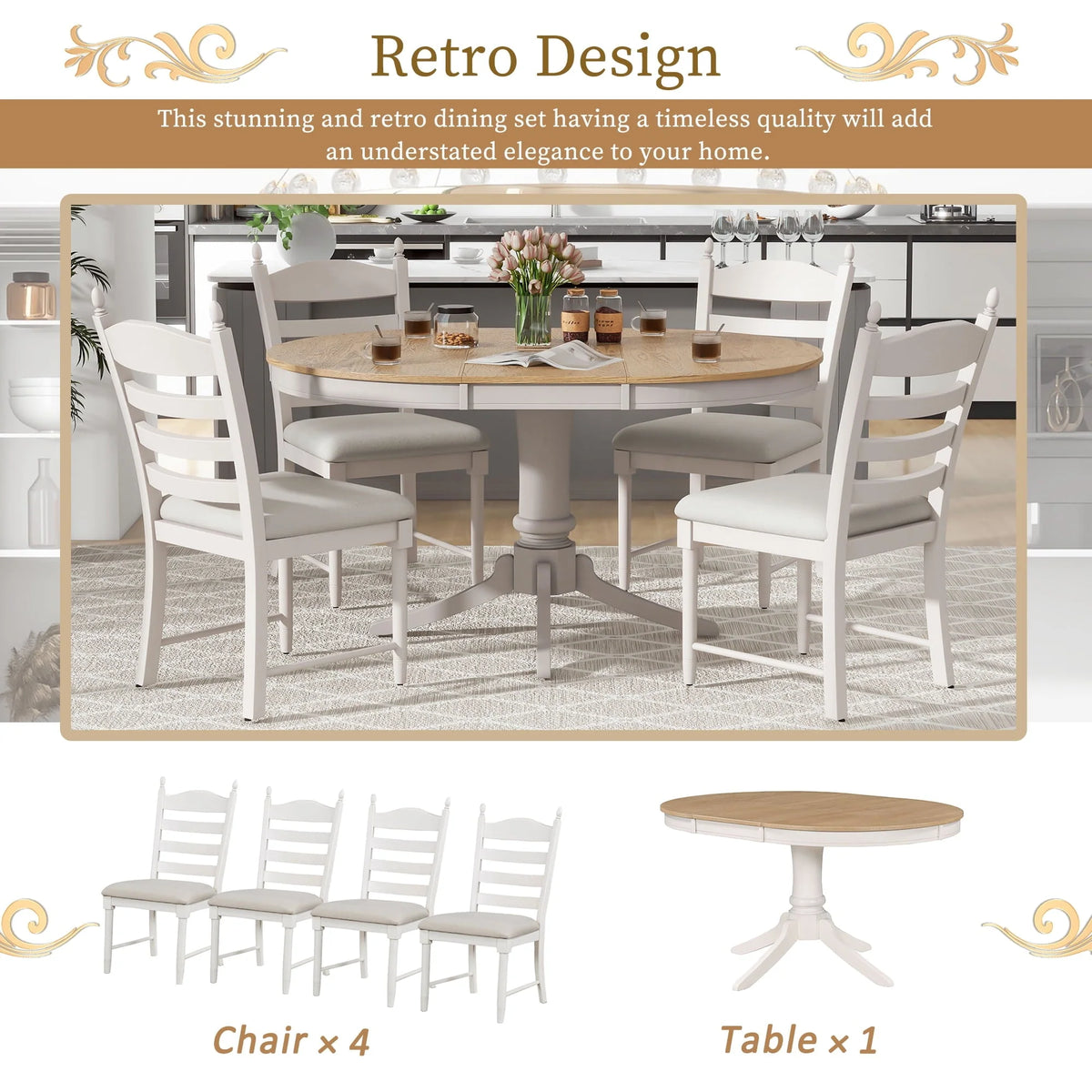 5 Piece Round Dining Table Set, Dining Room Set with Extendable Table and 4 Upholstered Chairs, Wood Dining Table Set for 4, Farmhouse Dining Table Set for Kitchen Dining Room Dorm Apartment, Brown