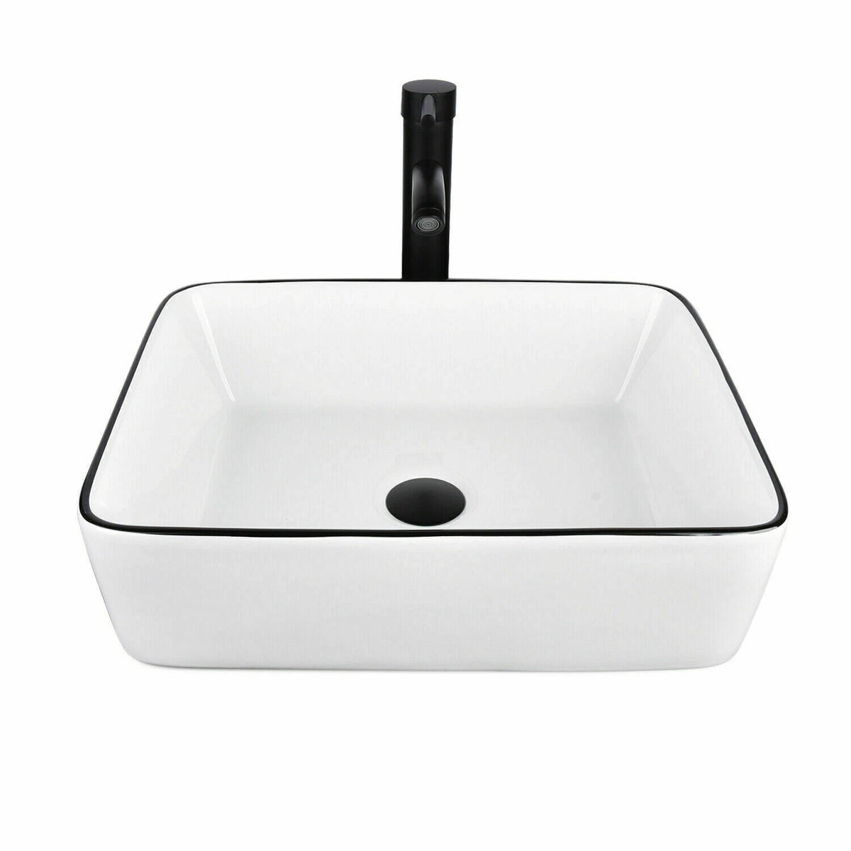 FULLWATT Bathroom Ceramic Sink Vanity Vessel Basin Porcelain Faucet Drain Combo Rectangle,White