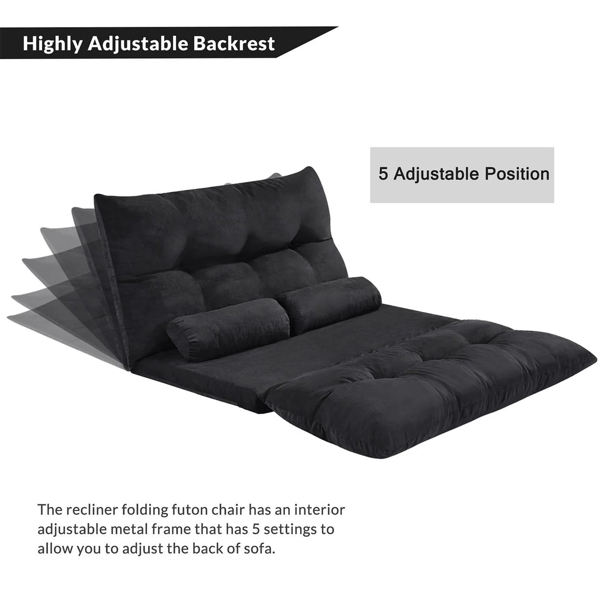 Folding Floor Sofa Bed with 5-Position Adjustable Recliner Lazy Sofa Video Gaming Sofa,Lounge Sofa with Two Pillows, Black