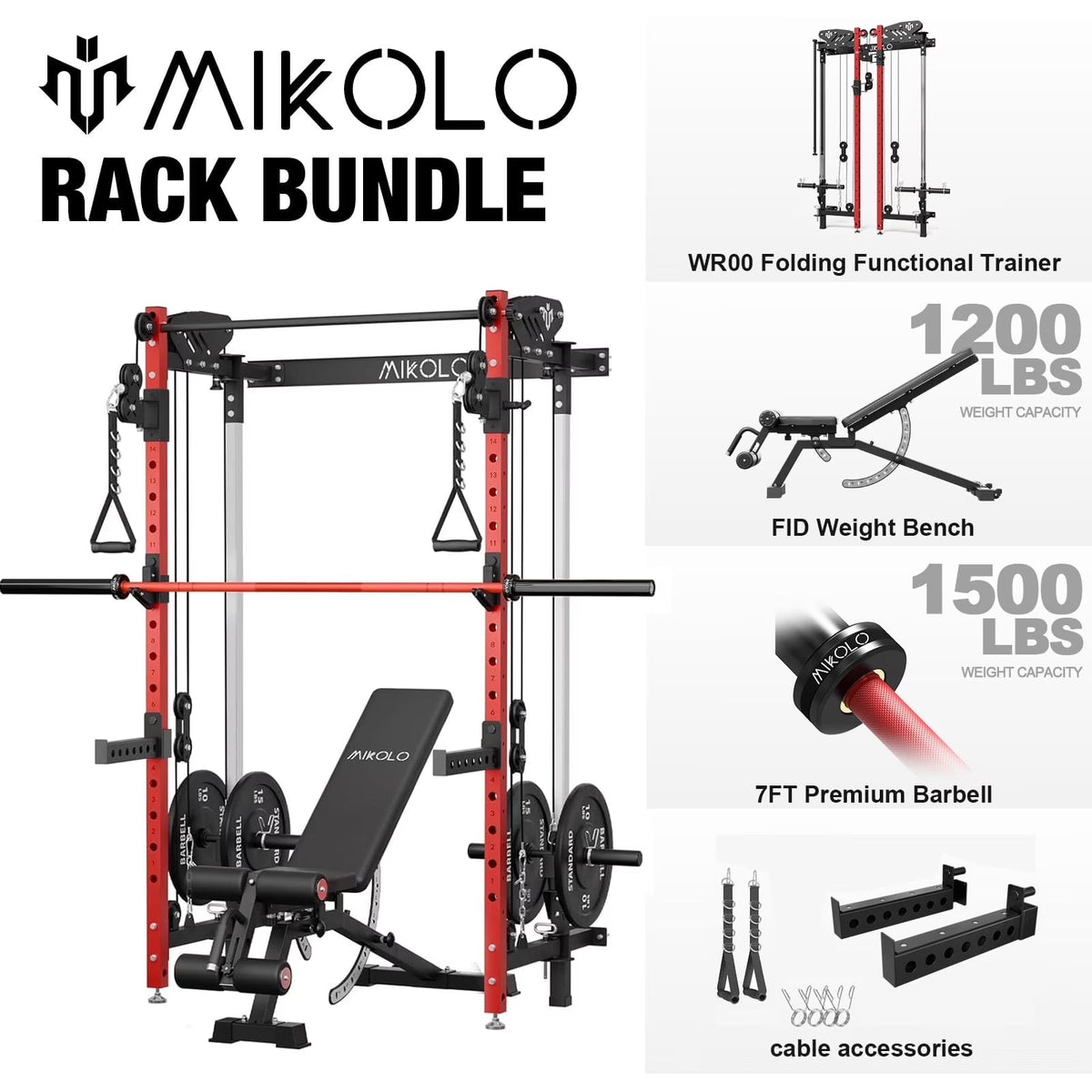 Mikolo Foldable Power Rack Cage,1000lbs Capacity Wall Mounted Squat Rack with independent pulley system, Space Saving Home Gym Equipment with 5 Adjustable Angle