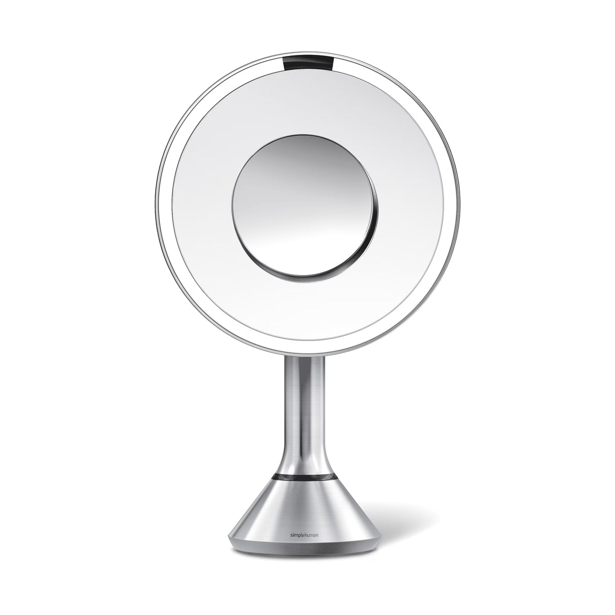 simplehuman 8" Round Sensor Makeup Mirror with Touch-Control Brightness, 10x Magnification, Cordless, Brushed Stainless Steel | Like-New