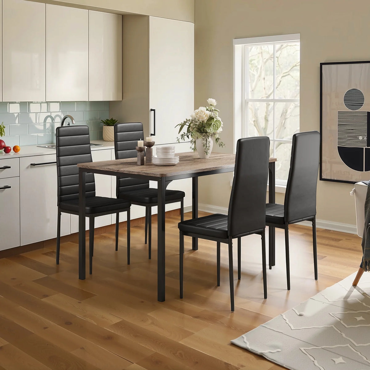 Aiho 5-Piece Modern Dining Set, Metal & Wood Table & 4 Chairs, Space-Saving for Small Spaces & Apartments, Retro
