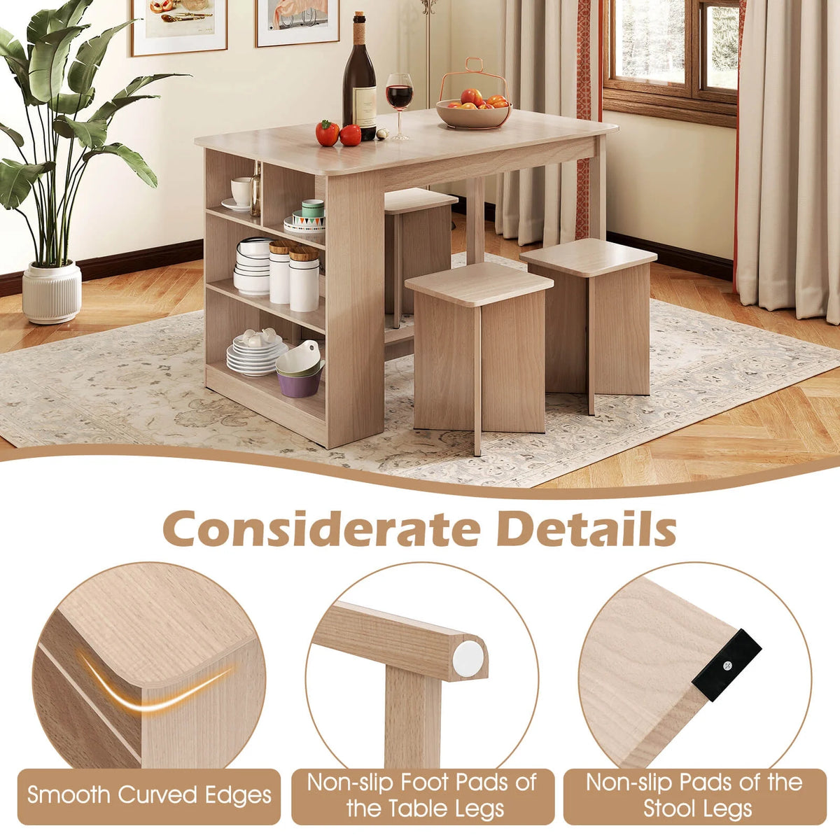 Costway 5 PCS Dining Table Set with Storage Shelf Rectangular Kitchen Table with 4 Stools Beige