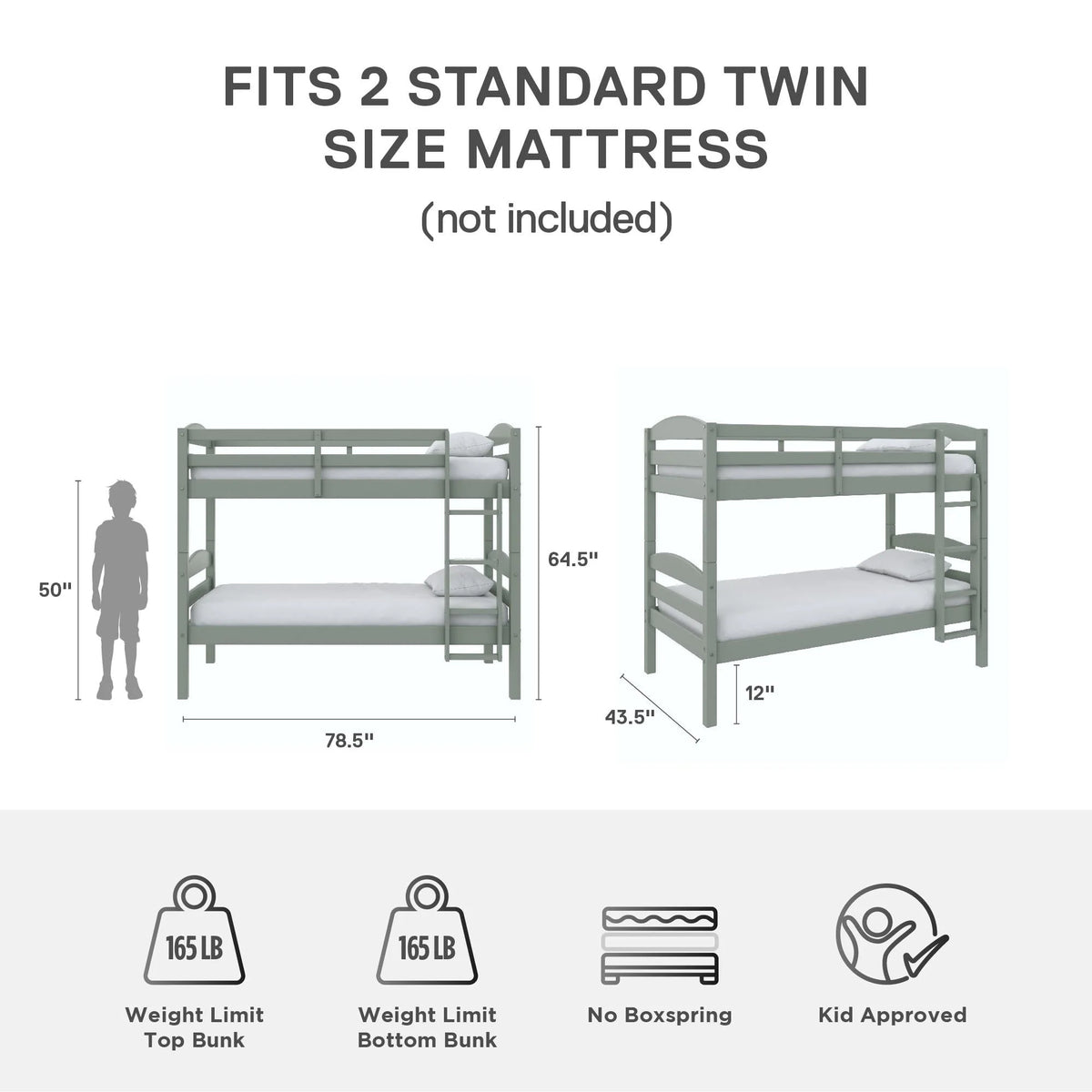 Better Homes & Gardens Leighton Solid Wood Twin-over-Twin Convertible Bunk Bed, Sage Green