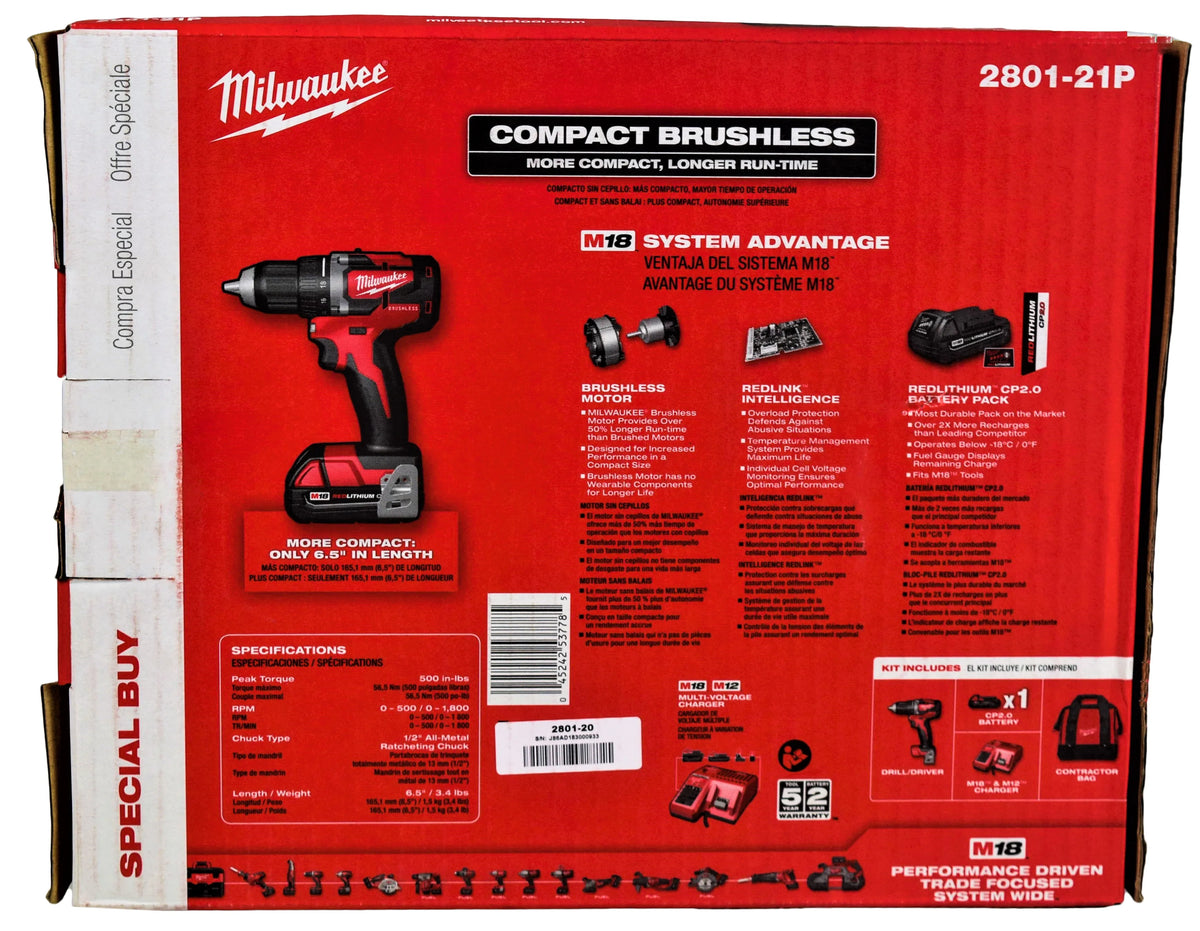 Milwaukee M18 18V Li-Ion Compact Brushless Cordless 1/2 in. Drill/Driver Kit