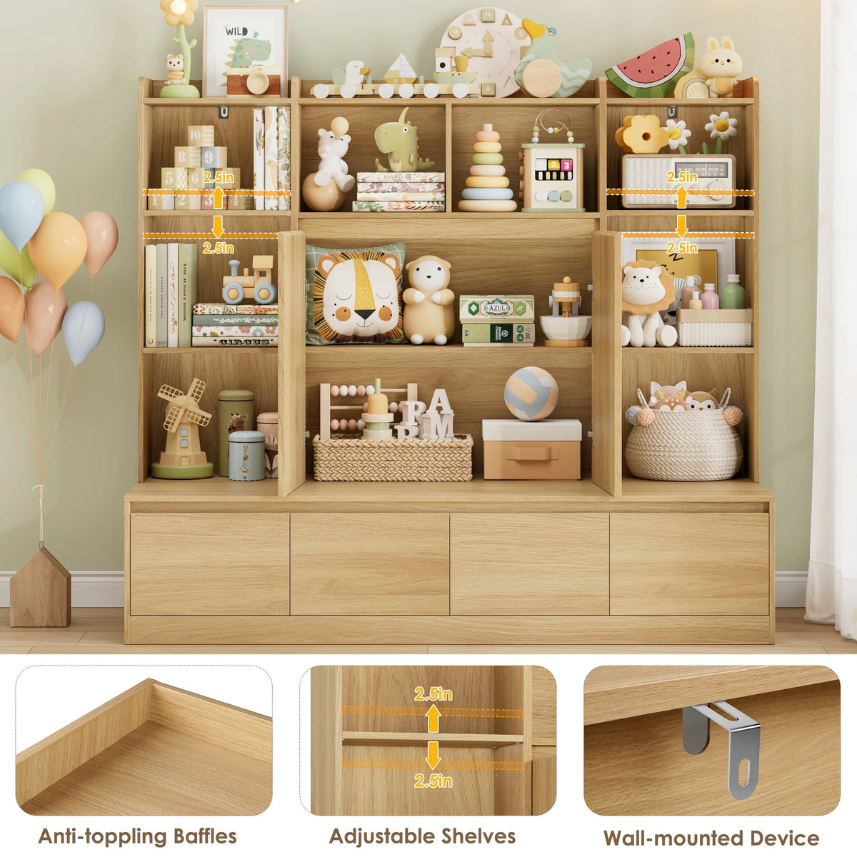 Homfa 10 Cubes Kids Toy Storage Organizer, 4 Drawers Kids Bookcase and Bookshelf with Doors & Adjustable Shelves for Playroom Kids Room, White