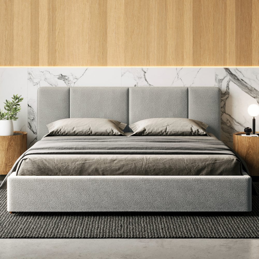 Omax Decor Venice Upholstered Platform King Bed in Gray Boucle Fabric