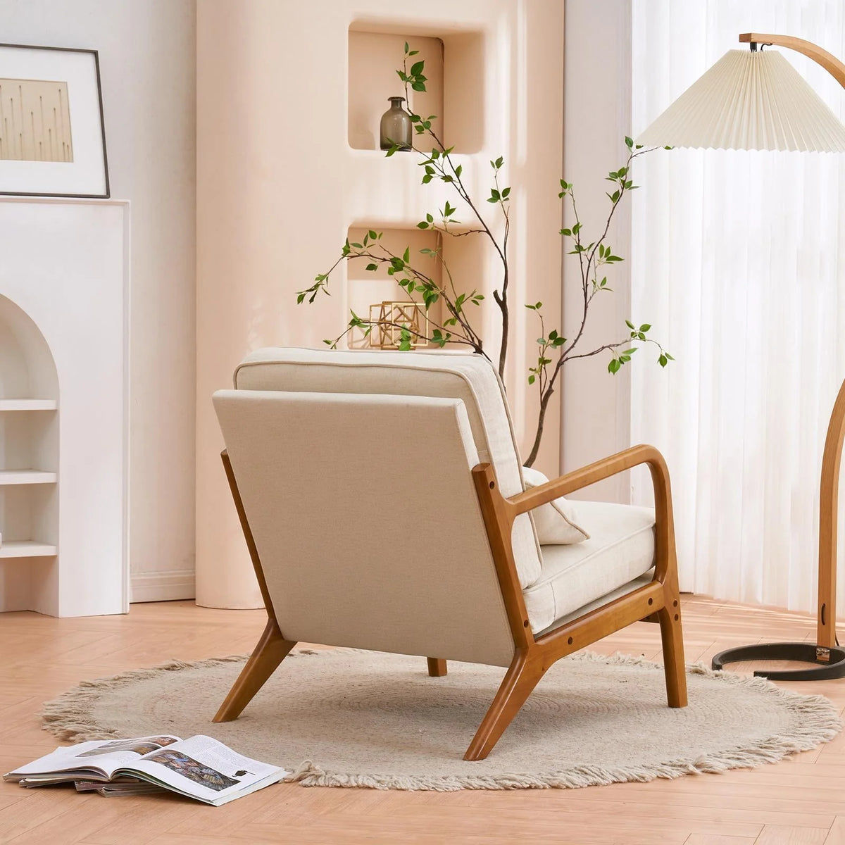 Ktaxon Mid Century Modern Accent Chair, Linen Fabric Armchair with Solid Wood Frame Beige