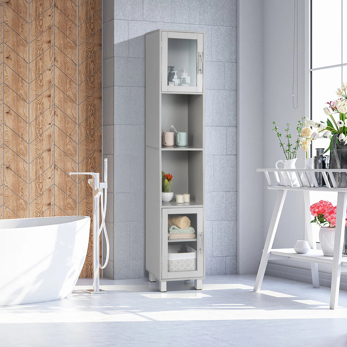 Costway 71'' Tall Tower Bathroom Storage Cabinet Organizer Display Shelves Bedroom Grey
