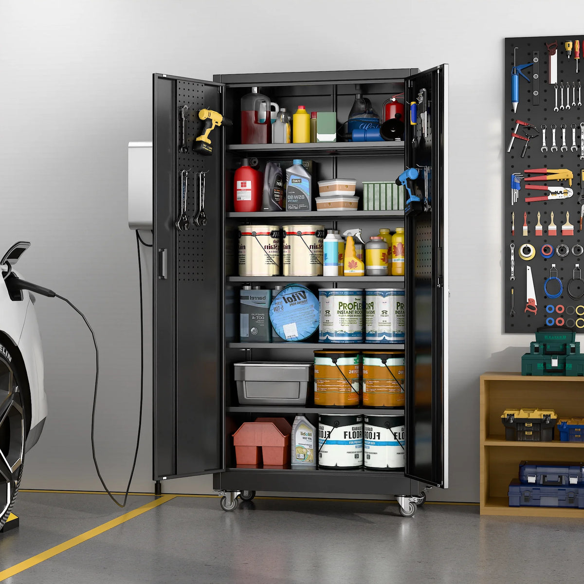 Supeer Locking Storage Cabinet with 5 Adjustable Shelves, Steel, Black, 71" H, Assemble Required