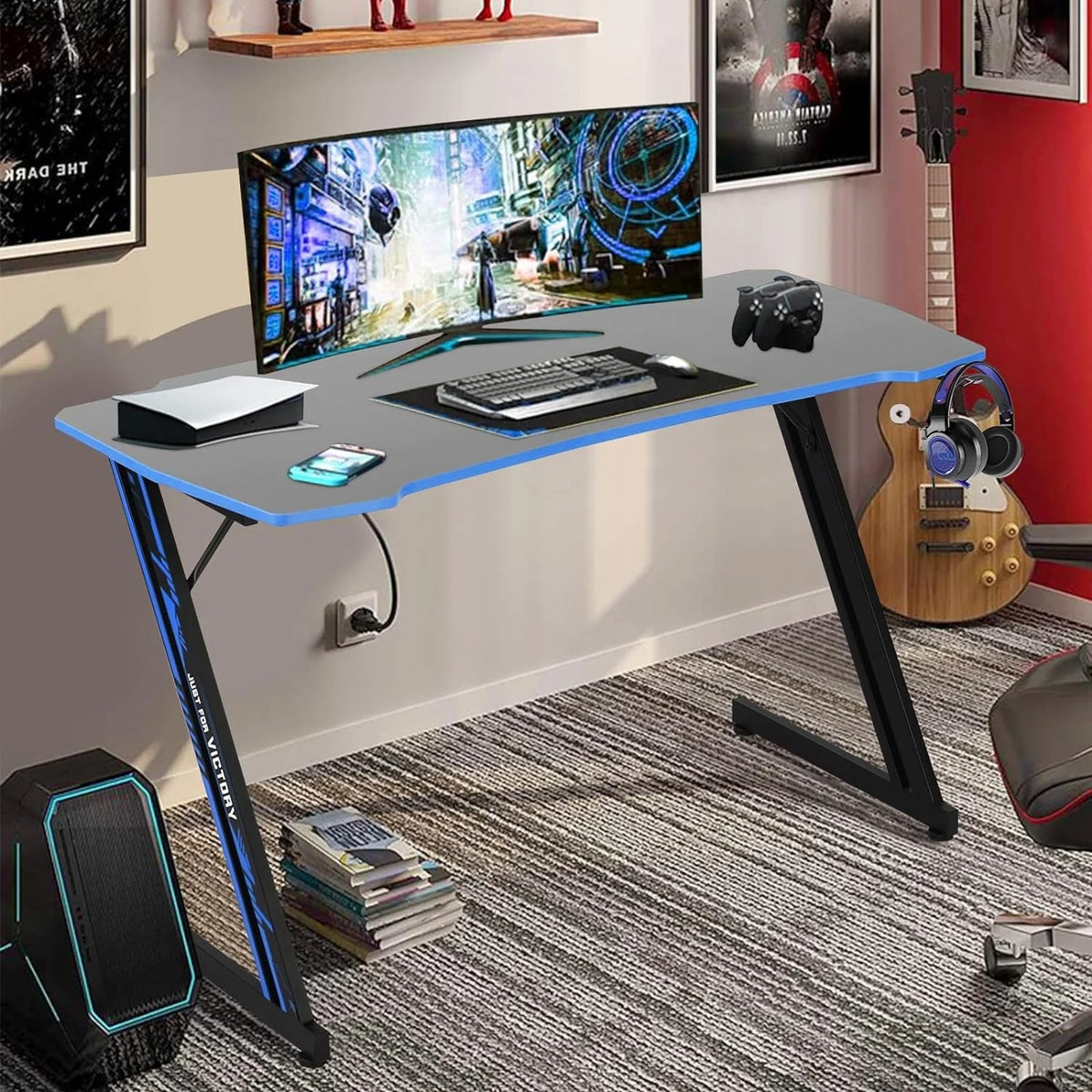 47 inch Z-Shaped Gaming Desk Computer Desk, Ergonomic Writing Office Desk Racing Style PC Gaming Table Workstation with Headphone Hook for Game Players, Red