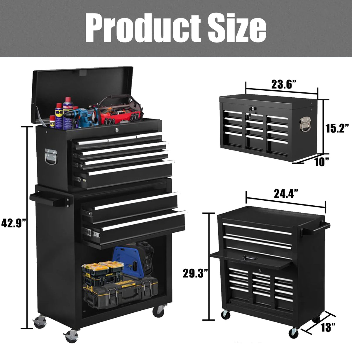 Artbros 8-Drawer Rolling Tool Chest, Large Tool Cabinet with Wheels, Detachable Toolbox Storage for Garage, Repair Shop, Workshop, Black