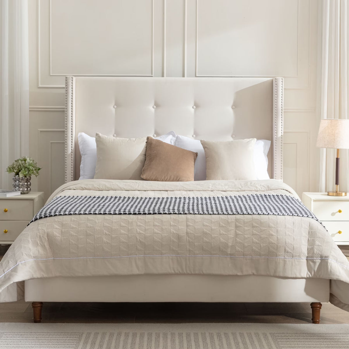 King Bed Frame Upholstered Bed with Tall Headboard, Chenille Platform Bed King Size, No Box Spring Needed, Easy Assembly, Ivory