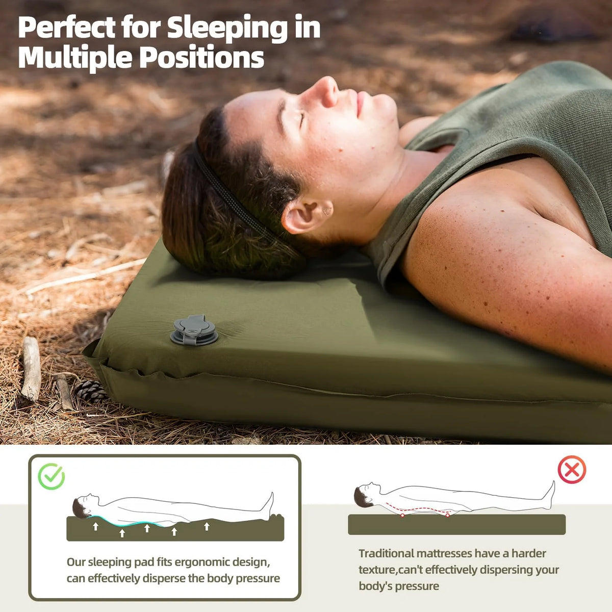 MELLCOM 4" Thick Self Inflating Sleeping Pad, Foam Camping Mattress with Storage Bag, 4-Season Outdoor Inflatable Camping Mat for Car Camping, Traveling, Tent, Green