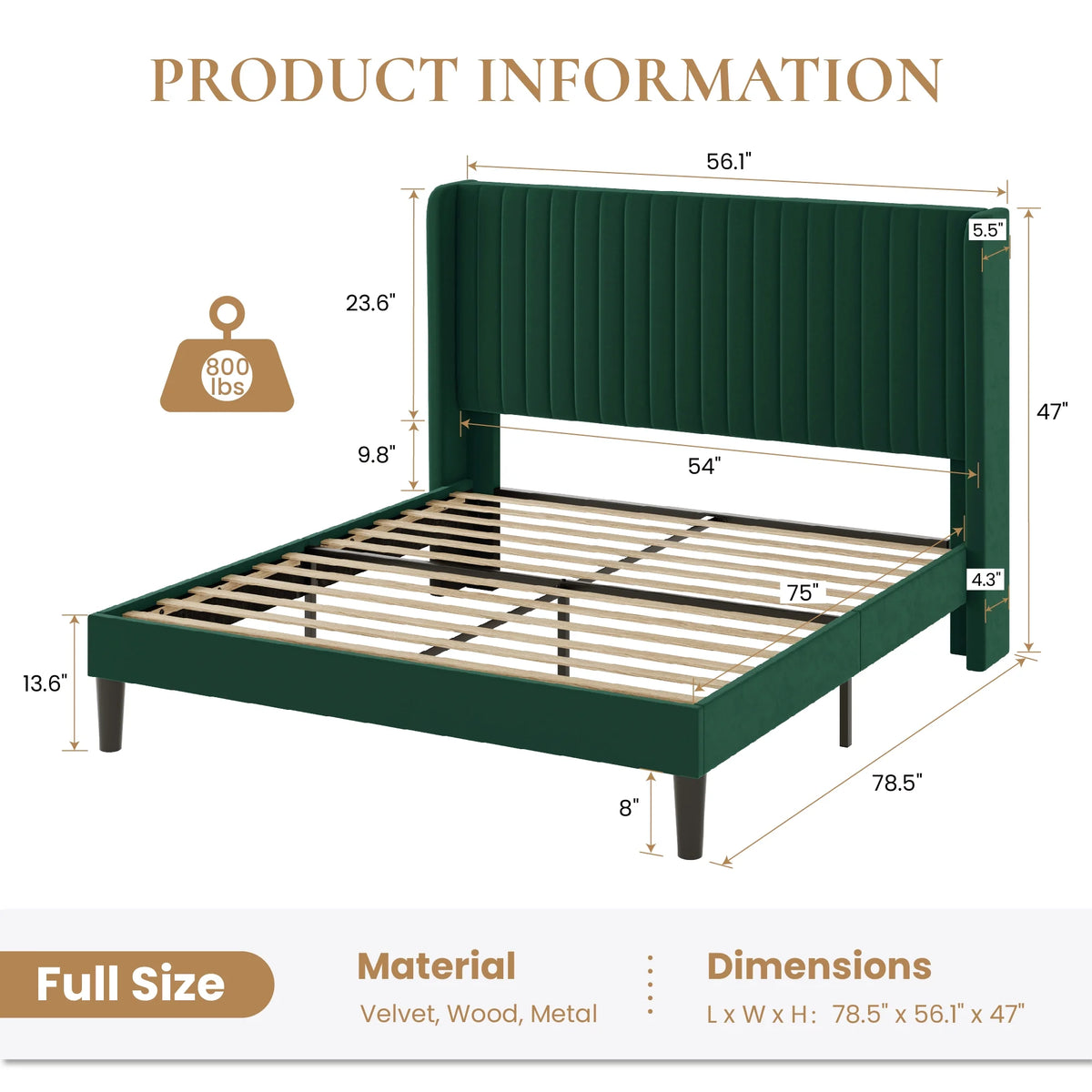 Sha Cerlin Queen Size Upholstered Platform Bed Frame with Velvet Channel Wingback Headboard, Off White