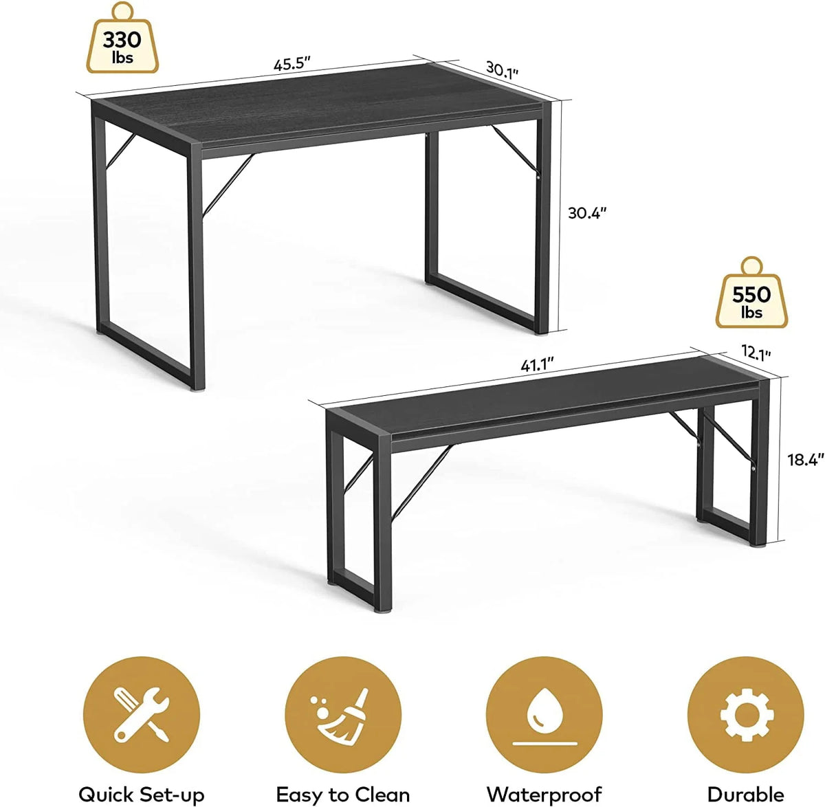 Dining Table Set for 4 People with 2 Benches, Dinette Set, 550lbs, Black