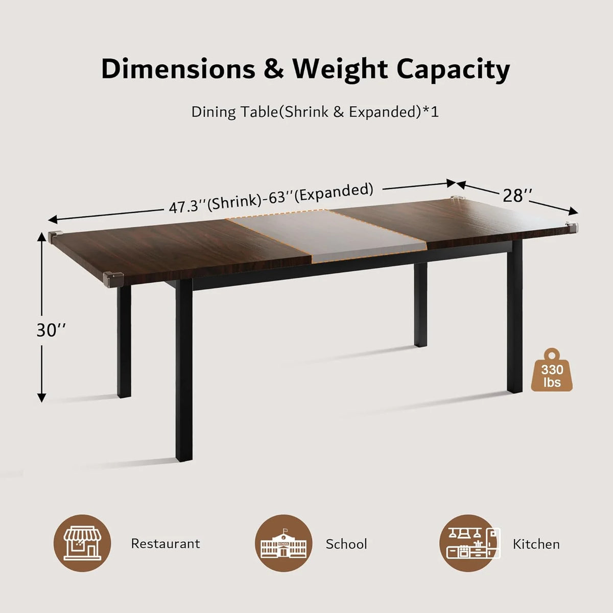 iPormis 63" Extendable Dining Table for 4-8, Square Wooden Dining Room Table with Metal Base, Modern Extendable Table for  Small Kitchens, Dining Office Areas, Black