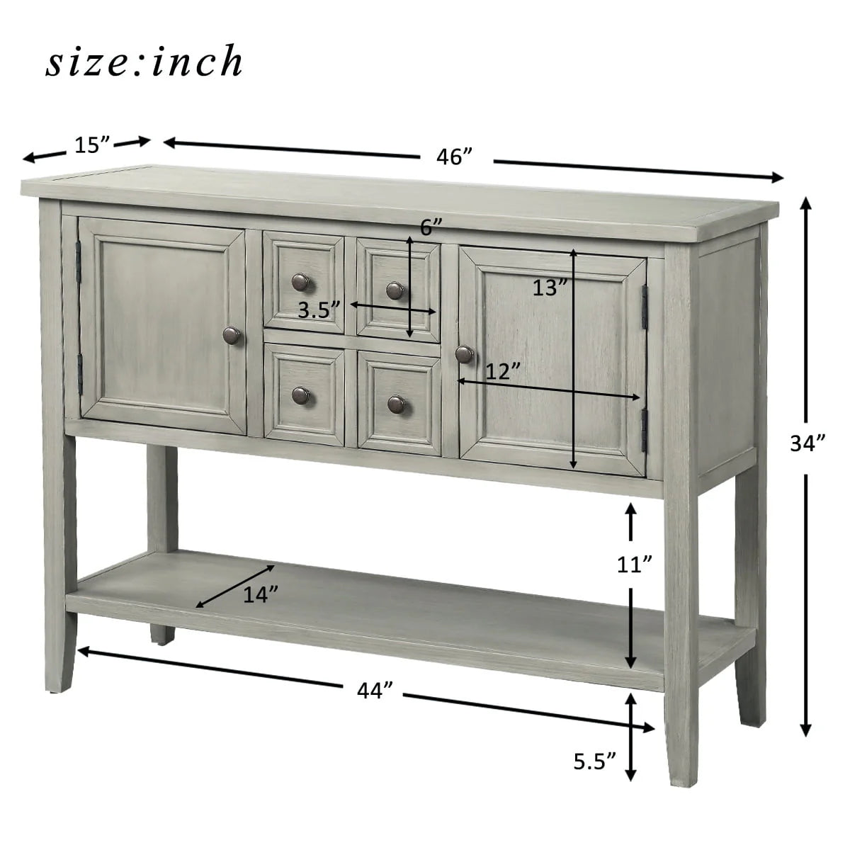 Buffet Sideboard, 46" Dining Room Console Table with 4 Storage Drawers, 2 Cabinets, 1 Bottom Shelf, Antique Grey, Q3687
