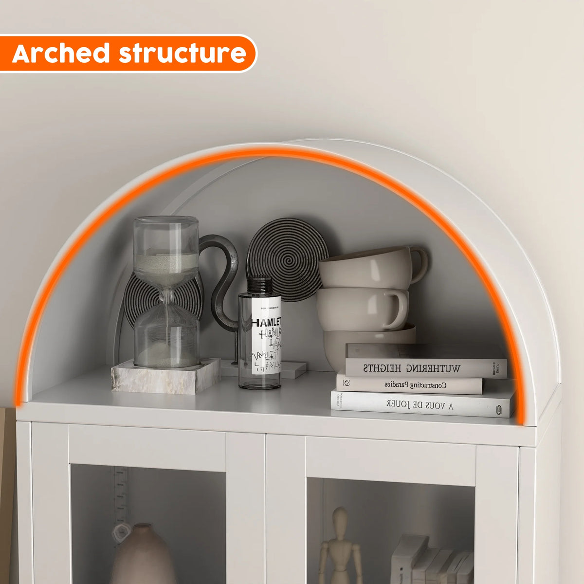 SUPEER Metal Arched Storage Display Cabinet with Glass Doors and Adjustable Shelves, Lockable Cabinet, Assembly Required, Black