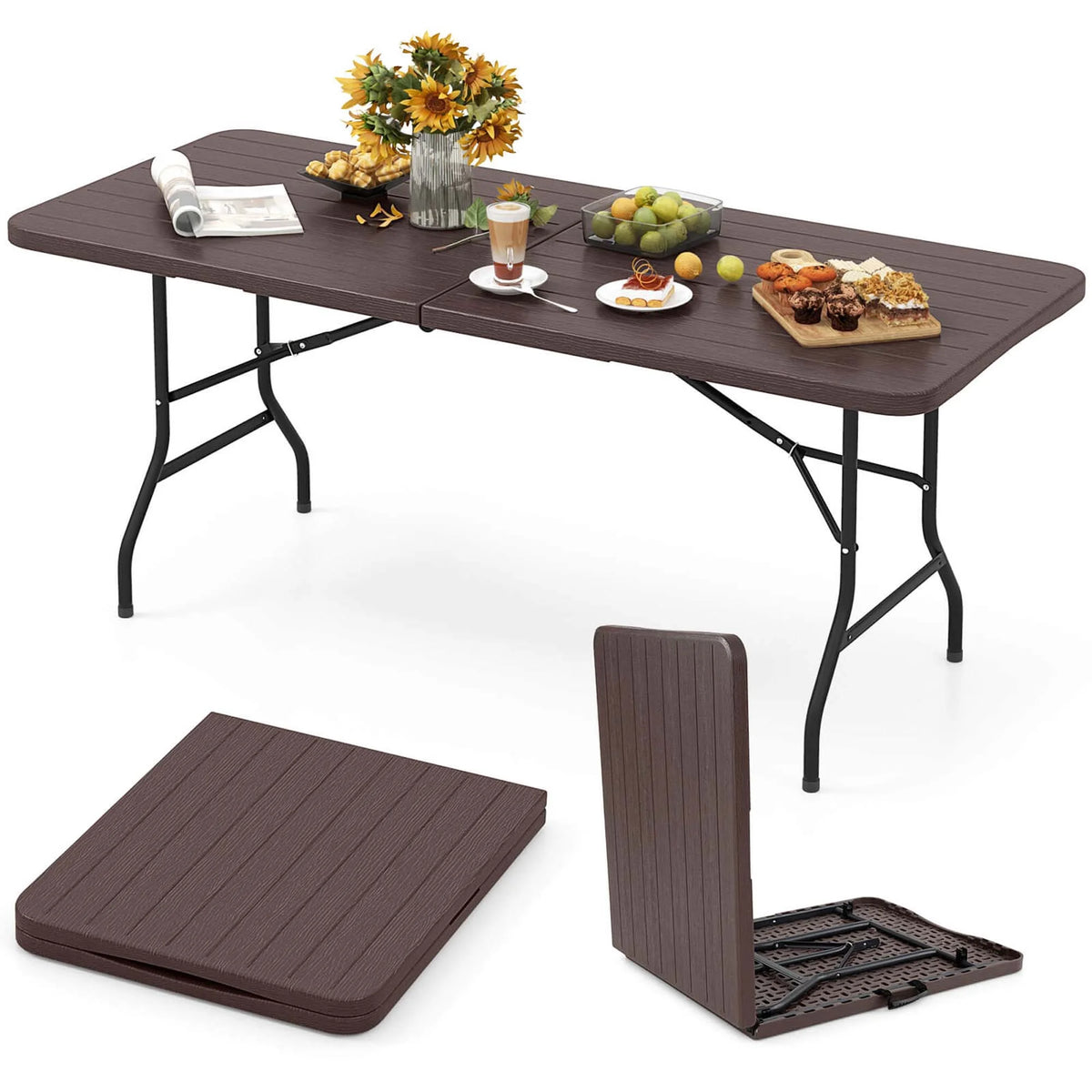 Costway 6 ft Portable Folding Table with Wood Grain HDPE Tabletop Safe Lock Mechanism Gray