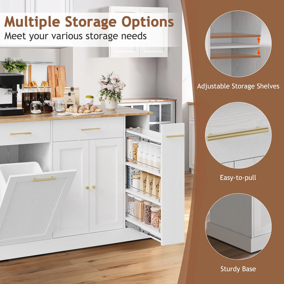 DreamCurship 52" Kitchen Island with Storage, Rolling Kitchen Cart Island with Wheels, Tilt Out Kitchen Trash Cabinet 10 Gallon Storage, 3 Large Spice Racks and 2 Drawers, White