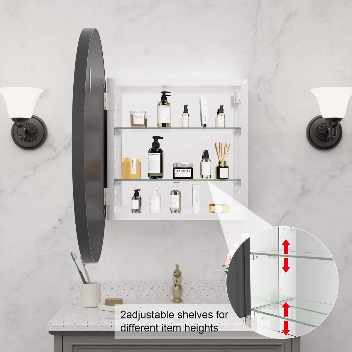 WallBeyond Bathroom Medicine Cabinet with Round Mirror Aluminum Framed 28", Gold