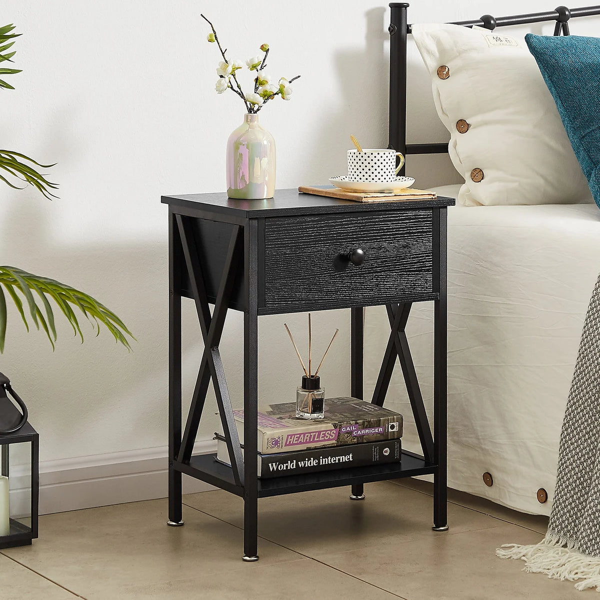 VECELO 3-Piece Bedroom Set with Twin Size Bed Frame and 1-Drawer Black Nightstands
