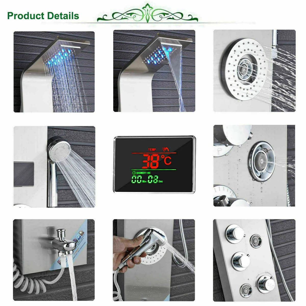 Shower Panel Tower System LED Rain&Waterfall Massage Jet Sprayer Stainless Steel