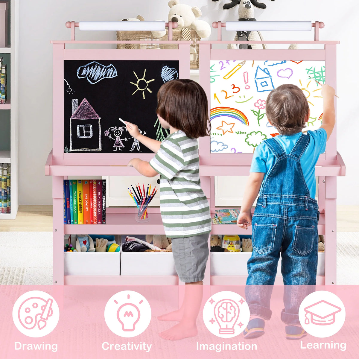 LINLUX 3 in 1 Art Easel for Kid, Whiteboard for Kid with Stand, Magnetic Chalkboard Pizarra, Grey