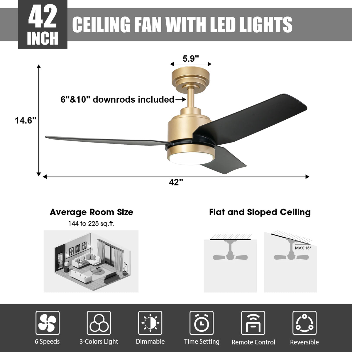 42" Modern Gold Dimmable Ceiling Fan DC Motor Indoor 3-blade LED Ceiling Fan with Remote