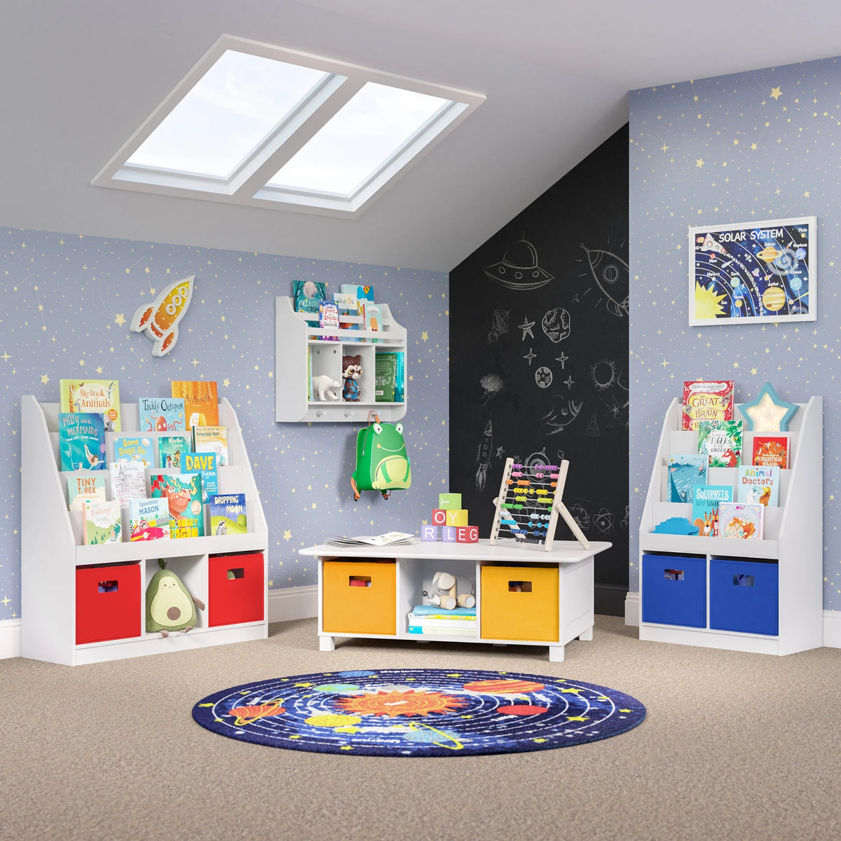 RiverRidge Kid Bookshelf Toy Storage Organizer with 4 Bookracks 2 Cubbies and 2 Gray Bins
