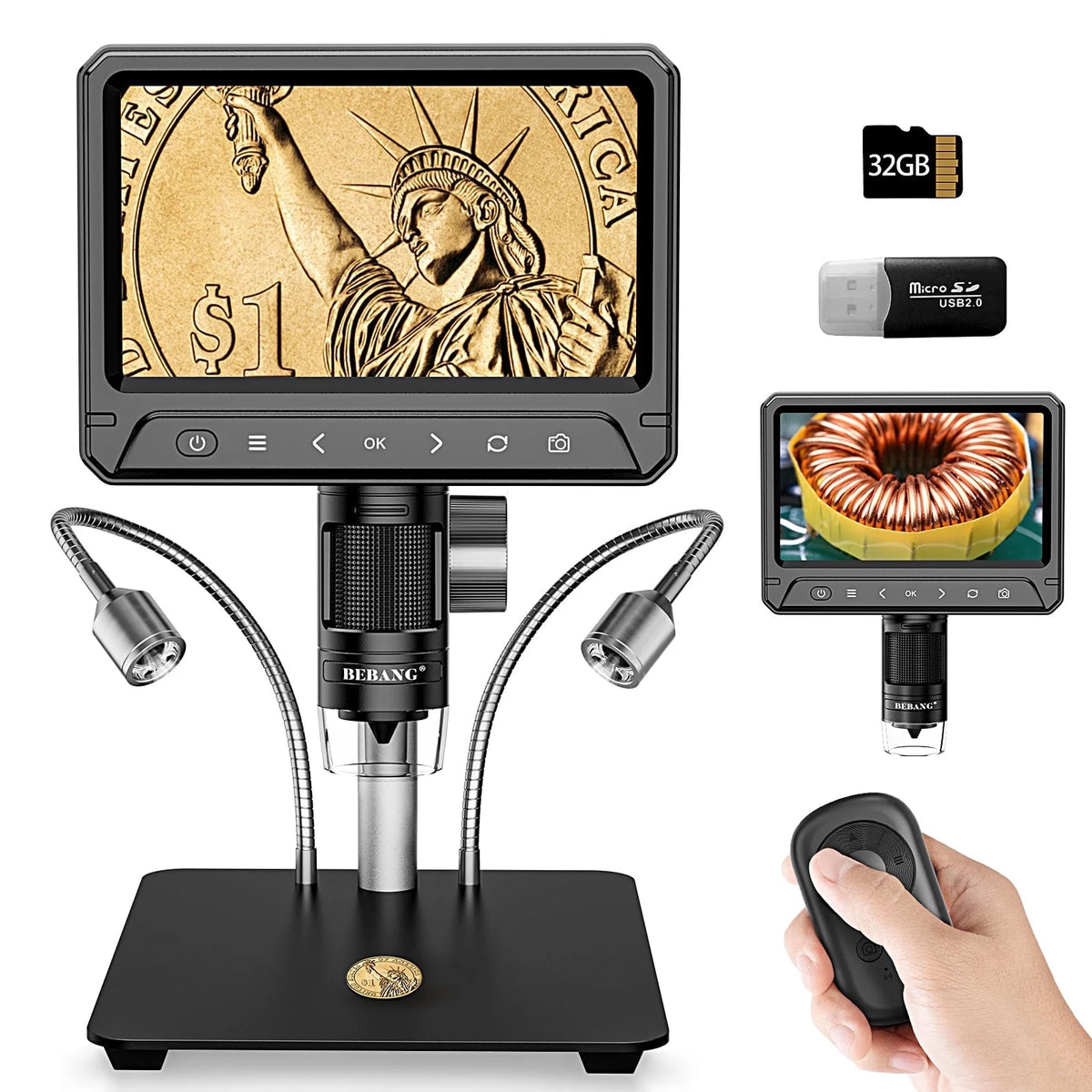 BEBANG 7" Coin Microscope for Adults, 1200X LCD Digital Microscope with 8 Adjustable LED Lights, 2 Flexible Side Lights, PC View Compatible with  Windows, iOS, 32GB