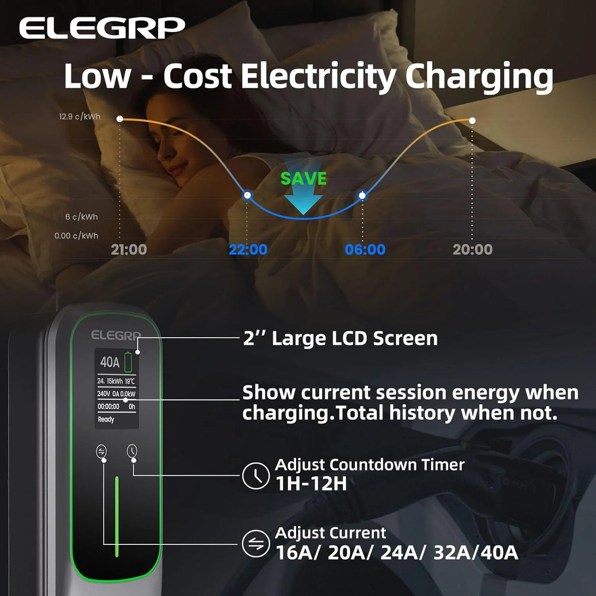 ELEGRP Portable Electric Vehicle Charger Level 2, EV Charger 240V 40A for BEVs/PHEVs，PBE & LCD TH, 25ft Cable W/NEMA 14-50 Plug, 1PC