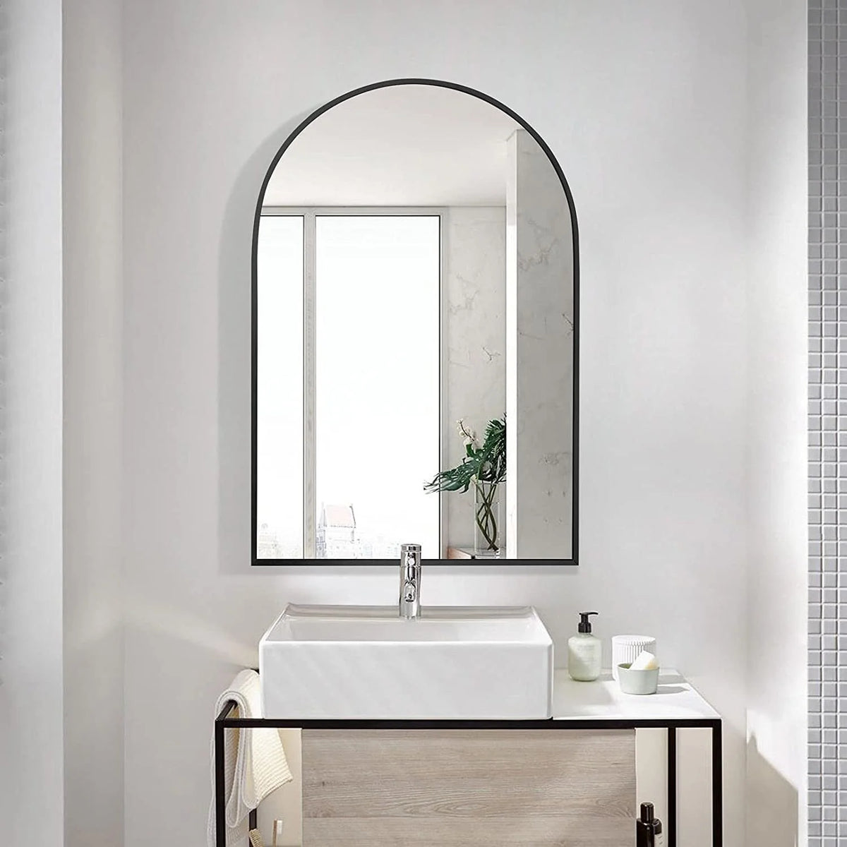 BEAUTYPEAK 24"x 36" Bathroom Mirror Wall Vanity Arched Mirror, Black