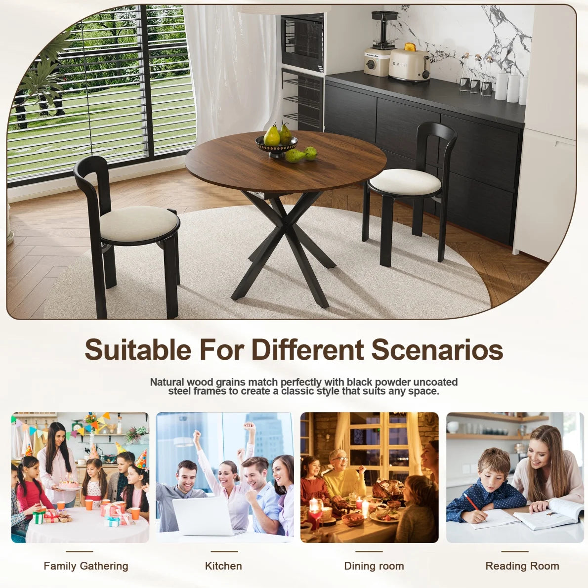 42"-59" Extendable Dining Table, Farmhouse Oval Kitchen Table with Removable Leaves and Metal Legs Support for Living Room, Walnut