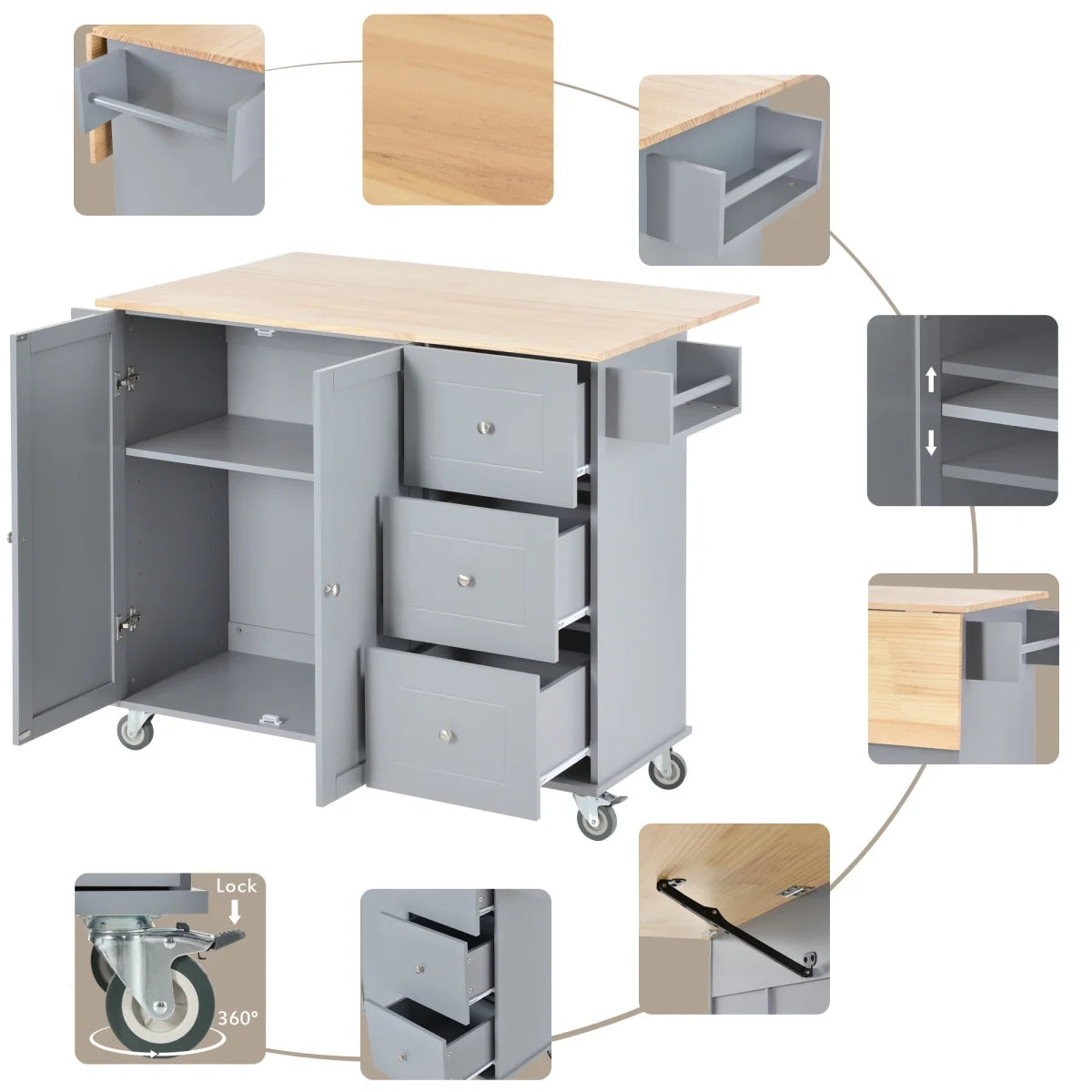 Kitchen Cart with Solid Wood Top and Drop Leaf Breakfast Bar, Rolling Mobile Kitchen Island with Storage, Spice Rack and Towel Rack, 52.7 Inch Width, Grey Blue