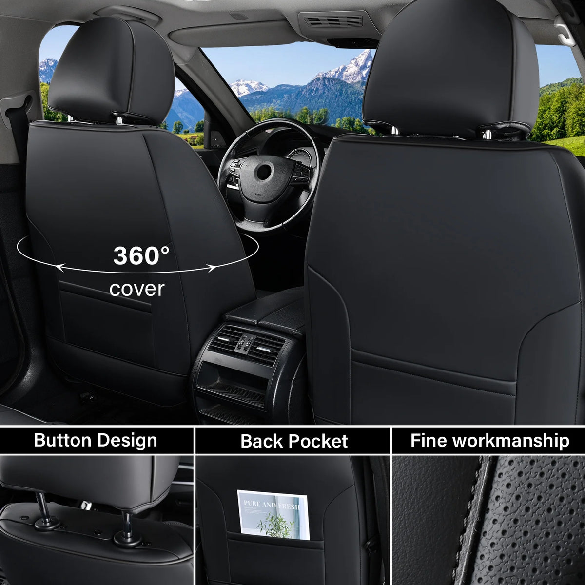 Coverado Black Front Car Seat Covers, Stylish Waterproof Premium Leather Automotive Seat Protectors, Airbag Compatible Auto Interior Accessories Universal Fit for Most Cars SUV Pick-up Trucks