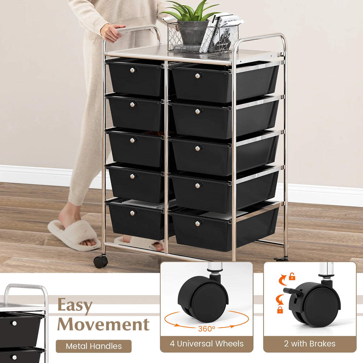 Gymax 10-Drawer Rolling Storage Cart Tools Scrapbook Paper Organizer on Wheels Black Gradient