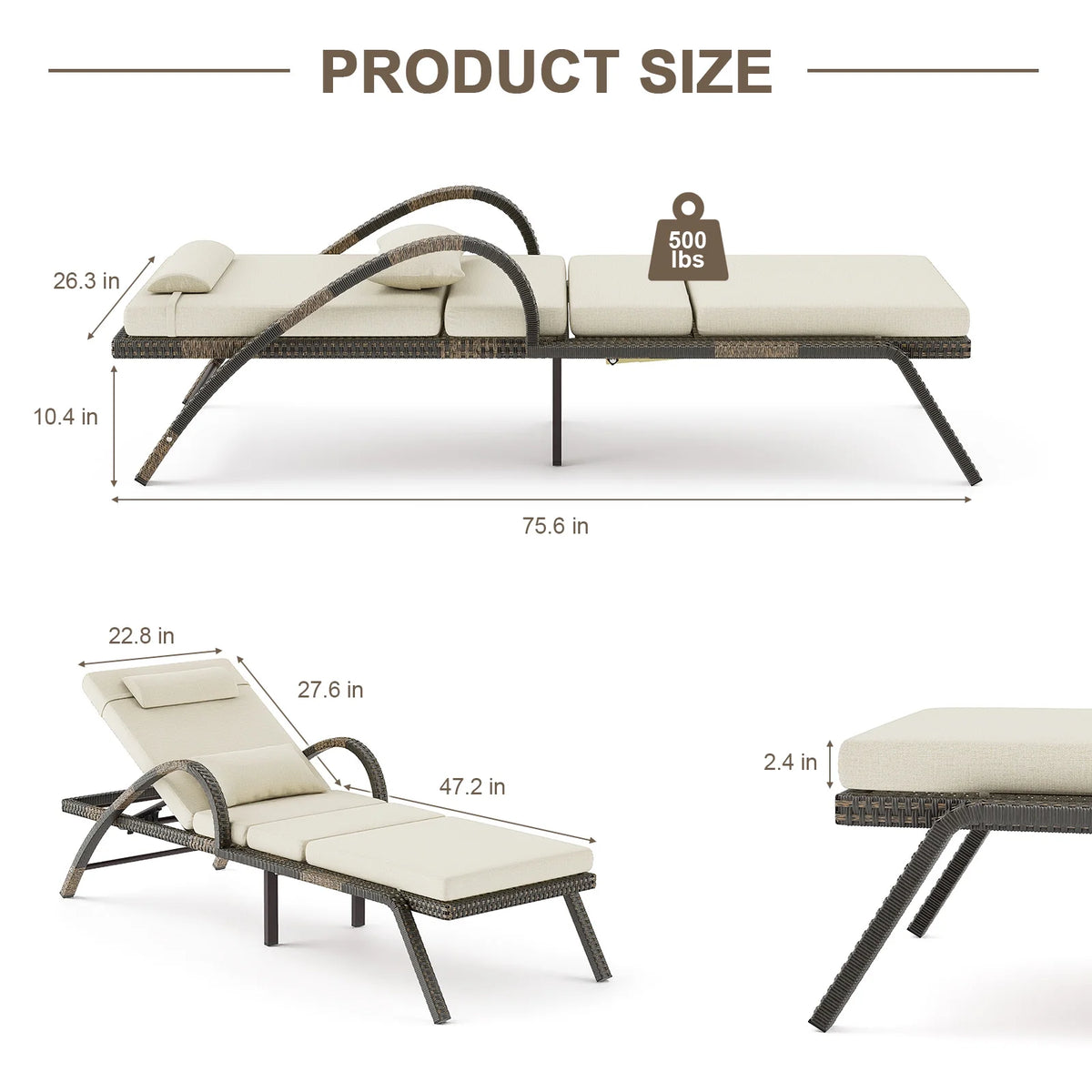 MEISSALIVVE 4-Piece Outdoor Lounge Chairs, Pool Chairs with Adjustable 5 Position Backrest , PE Rattan Chaise for Backyard Porch Deck (Gray)
