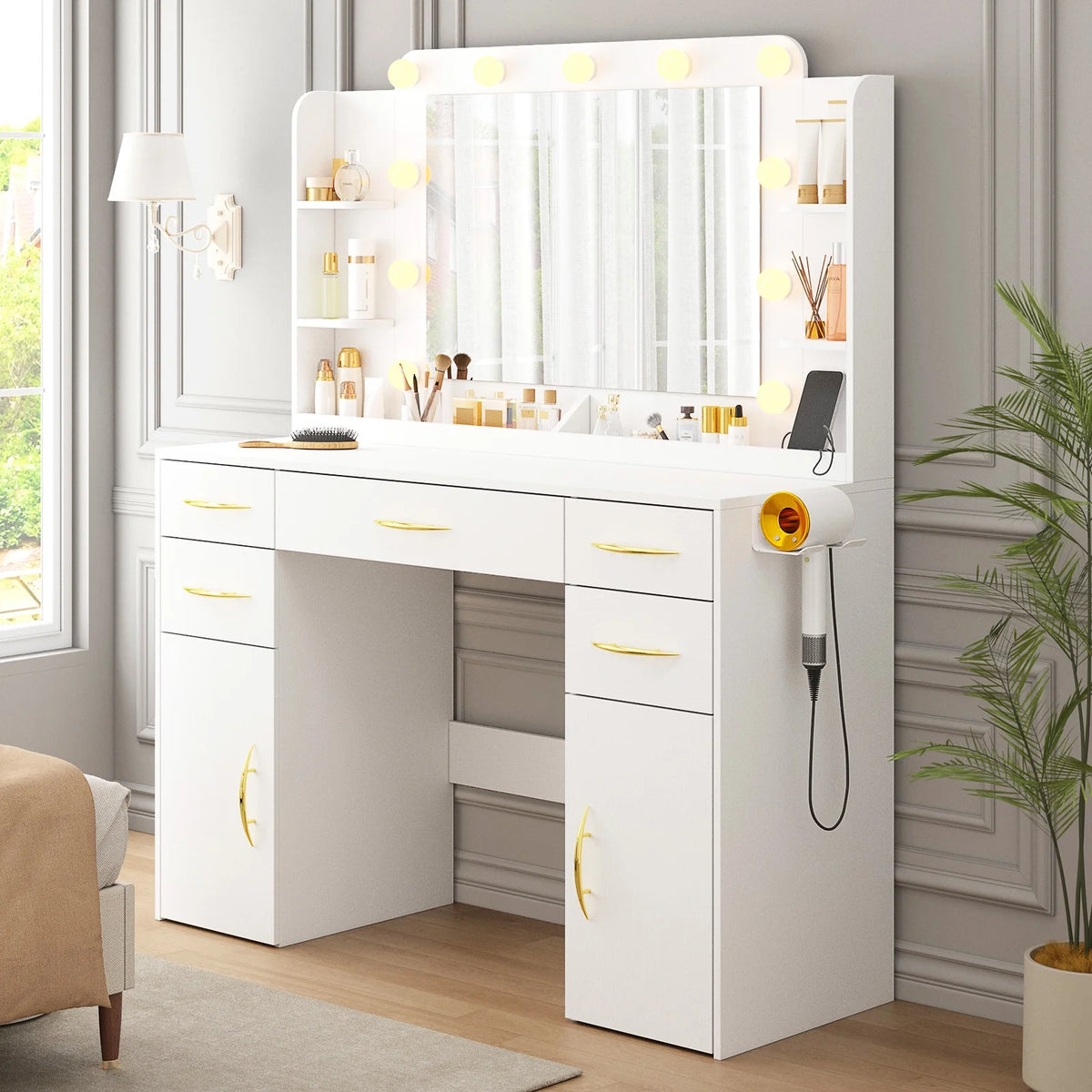 Tomnk woo White Makeup Vanity Desk with Large Mirror, Adjustable Lights, Storage Drawers & Power Outlets
