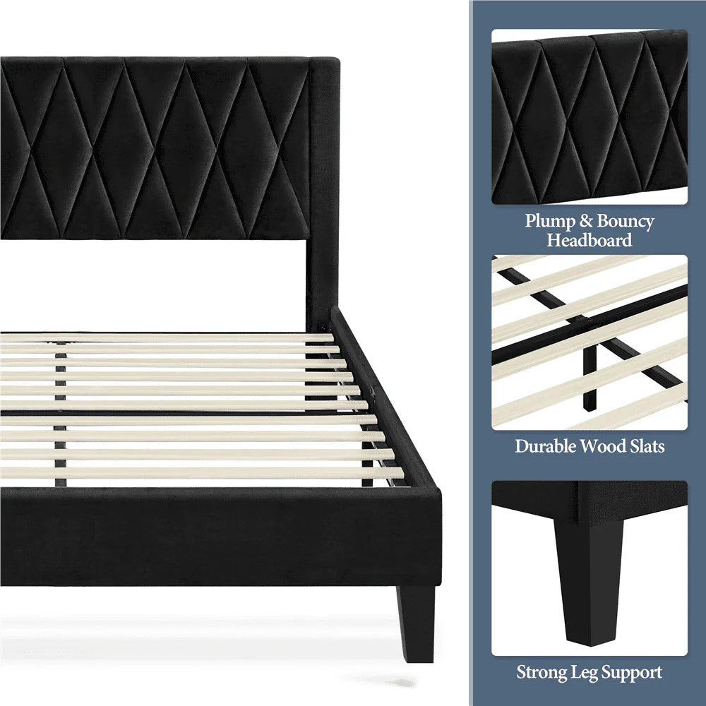 Topeakmart Queen Size Upholstered Platform Bed with Built-In USB Ports & Tufted Headboard, Black