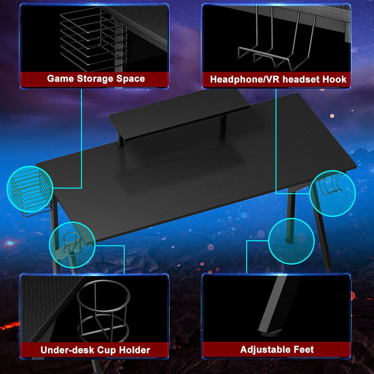 Gymax Gaming Desk Computer Desk PC Table Workstation with Cup Holder & Headphone Hook