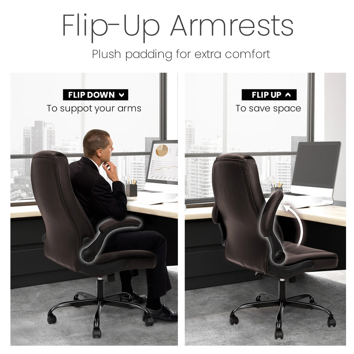 NEO CHAIR Executive Office Chair, Ergonomic High back Cushioned, Wide Leather Seat 8 Hours Heavy Duty Design, Flip Up Armrest Computer Desk Chair, Black