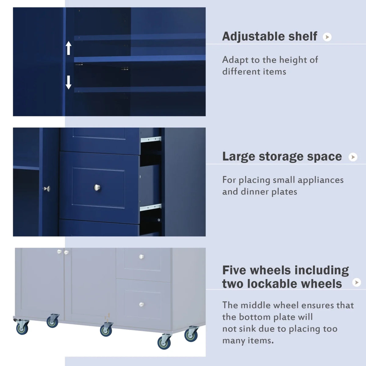 Kitchen Cart with Solid Wood Top and Drop Leaf Breakfast Bar, Rolling Mobile Kitchen Island with Storage, Spice Rack and Towel Rack, 52.7 Inch Width, Grey Blue