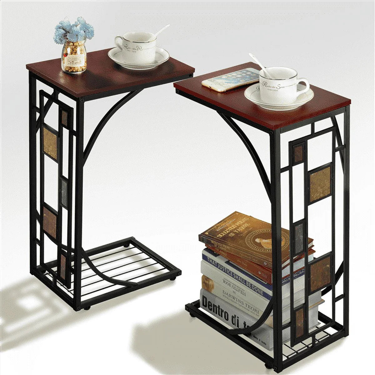 Easyfashion C-shaped Wood End Table, Set of 2, Brown/Black