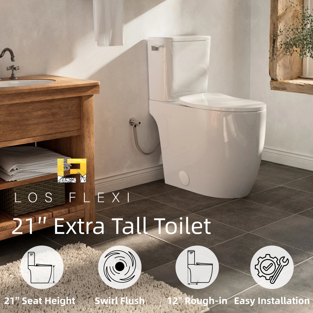 Los Flexi 21" Extra Tall Toilet for Seniors, ADA Compliant Two-Piece Skirted Toilet with Cyclone Flush, Elongated Bowl, Soft-Close Seat, Chrome Lever, 1.28 GPF, 12" Rough-In
