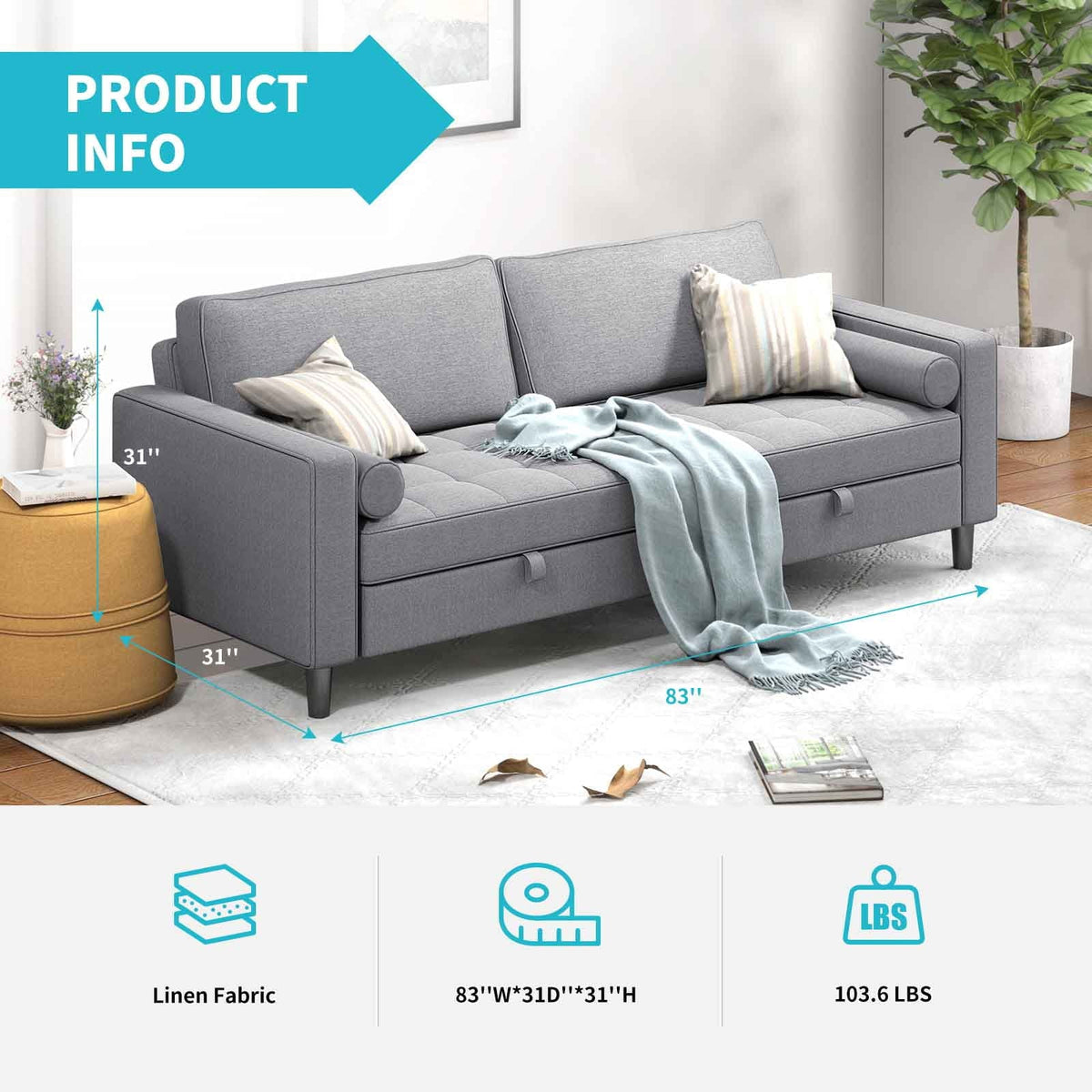 CECER Sleeper Couch, Pull Out Sofa Bed, 83 inches Folding Loveseat Futon Sleeper Couch Bed for Living Room/Bedroom/Apartment Light Grey