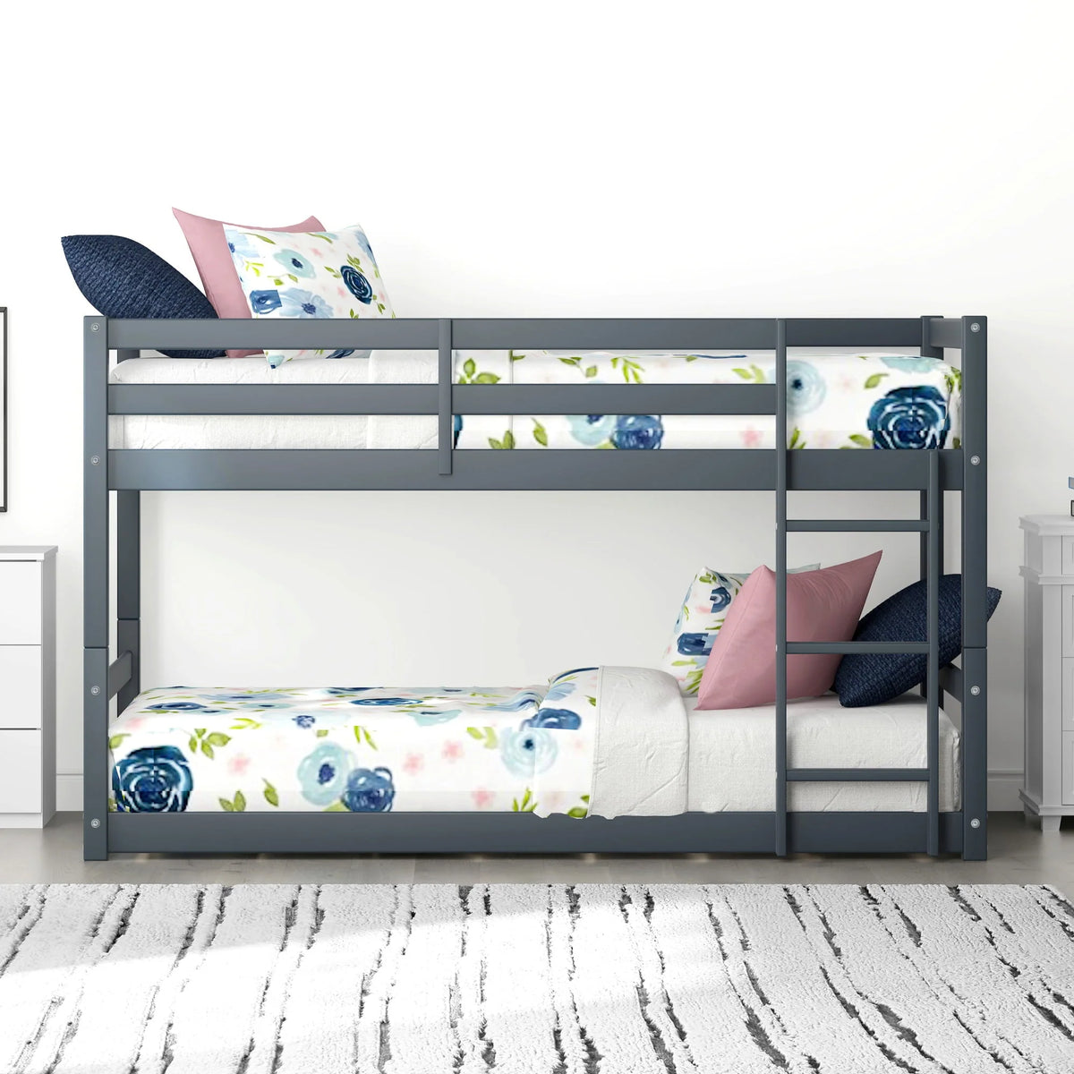 Campbell Wood Twin over Twin Floor Convertible Bunk Bed, Navy