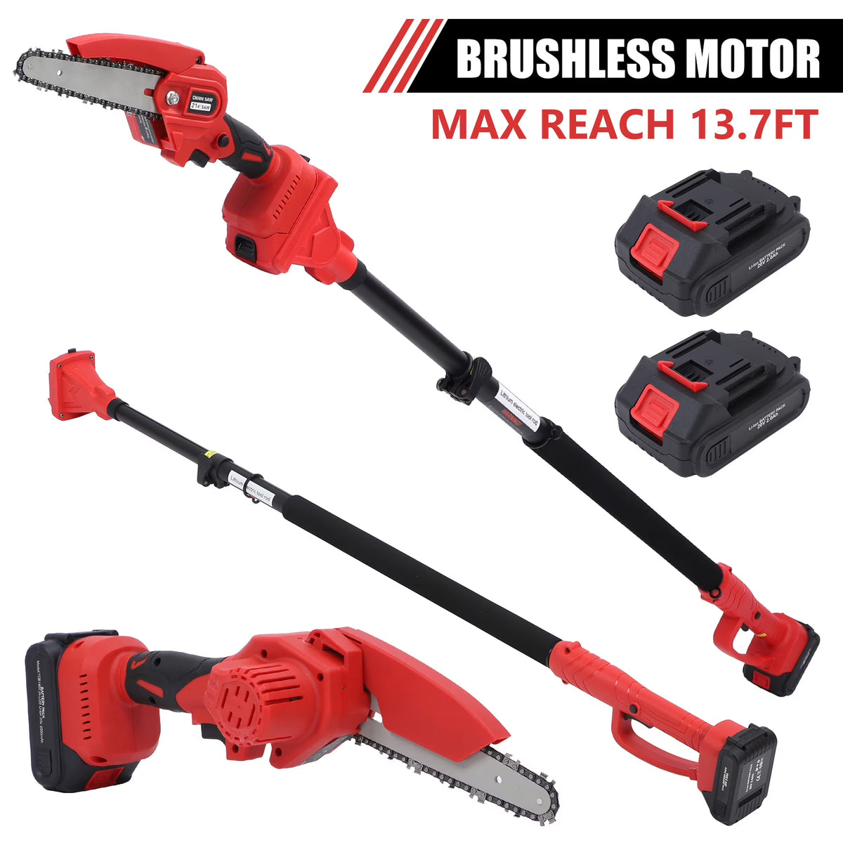 2-in-1 Brushless Cordless Pole Saw,6in + 8in Mini Chainsaw & Pole Saw with 2pcs 2.0A Batteries, 13.6ft Max Reach Brach Tree Saw Telescoping Extension Rod for Wood Tree Trimming Wood Cutting��Red